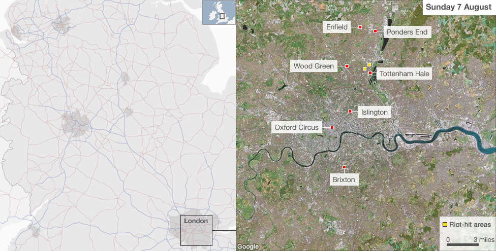 Map showing areas of riots 7 August