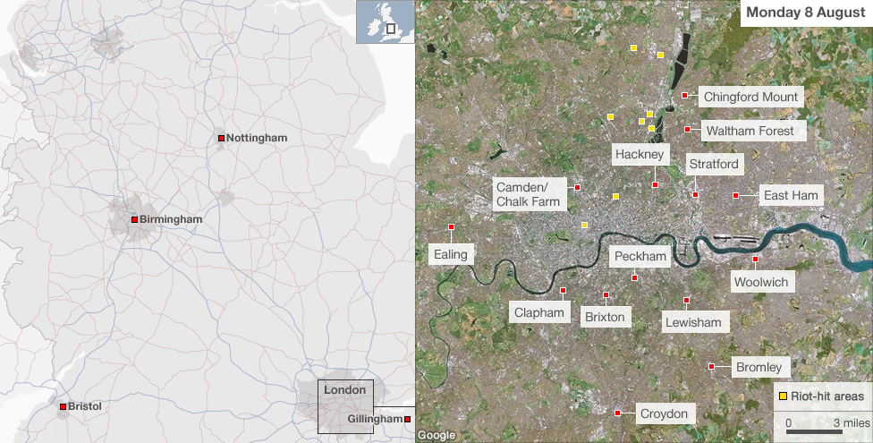 Map showing areas of riots 8 August